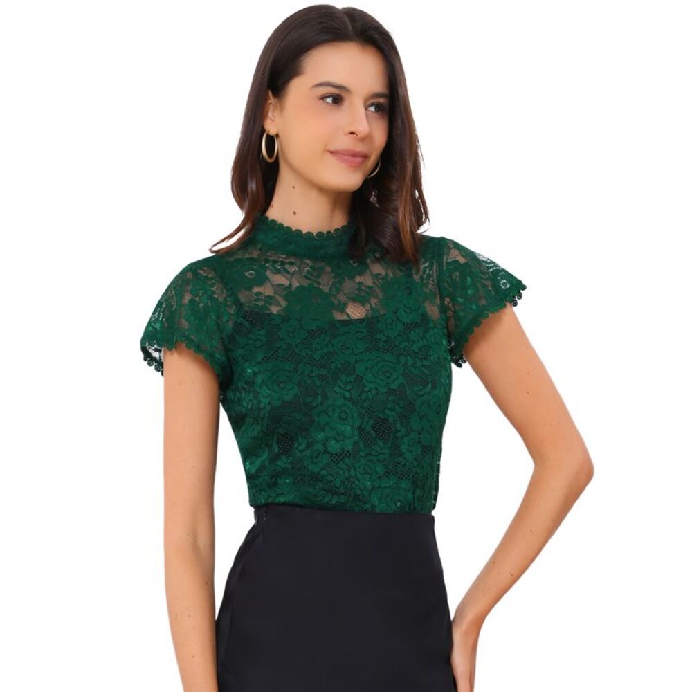Floral Lace Blouse Short Sleeve Keyhole Back Fitted Semi Sheer Top Green